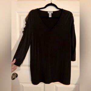 Carmen Marc Valvo women’s black mesh panel sleeve v neck blouse formal office L